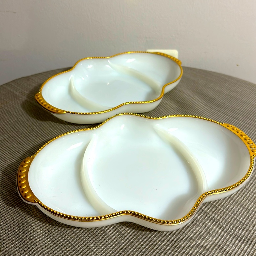 Set of 2 Vintage Anchor Hocking Fire King Wares Divided Milk Glass Trays